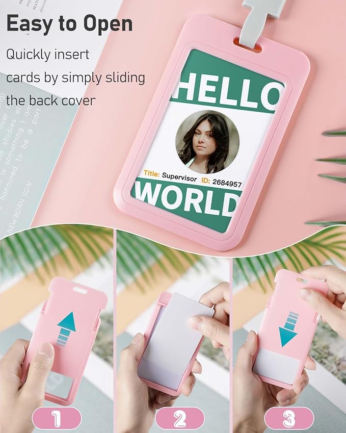 Uniclife 3 Pack Sliding ID Badge Holder Hard Pink Vertical Plastic Card Case Protector Pouch with Clear Window for Office School ID Credit Cards Proximity Key Cards Driver’s Licenses and Passes