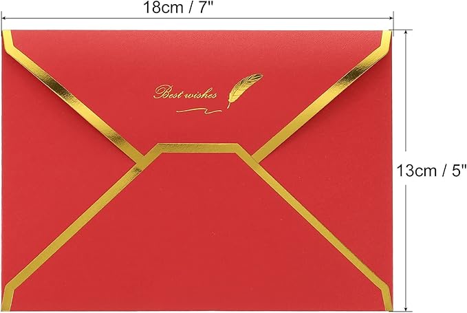 PATIKIL V Flap Envelopes, 10 Pack 7 x 5'' Luxury Style Gold Border Greeting Card Envelope for Invitations Weddings, Red