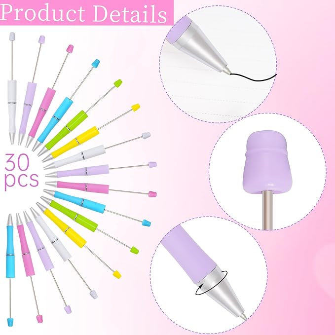 jiebor 30Pcs Beadable Pens Plastic Bead Pen Black Ink Ballpoint Pens Diy Pens Cute Cool Pens for Teacher Bridal Women Men Graduation Gift Office Supplies