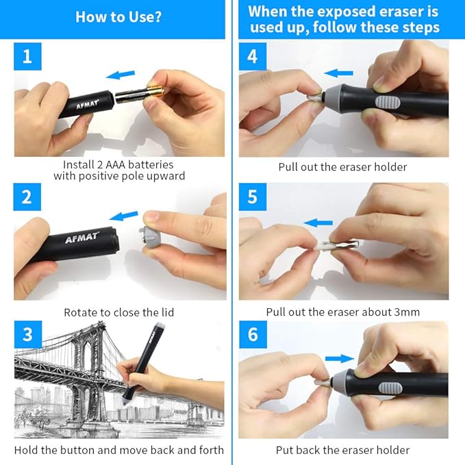 Battery Operated Pencil Eraser for Sketching Pencils/Drafting/Drawing/Graphite Pencils, Couture Creations Creative Detailer Tool, AFMAT Electric Eraser Kit for Artists, 140 Refills