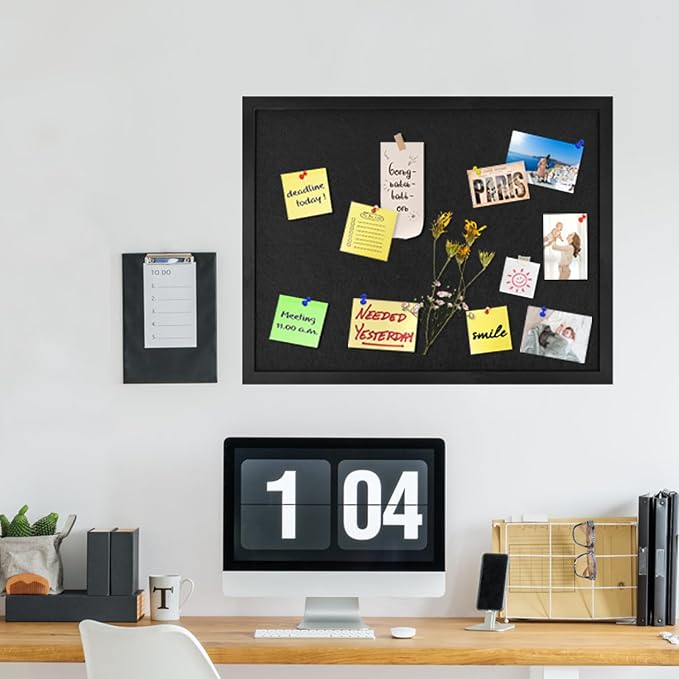 Black Bulletin Board Large Cork Board with Felt, 23"x17" Large Display Pin Board Vision Board for Walls, Jewelry, Notes, Collection, Photos, Office, Black Framed and Black Felt, 1pc