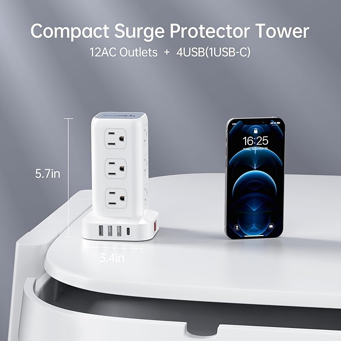 SMALLRT Power Strip Tower Surge Protector with USB 12 Outlets 4 Ports (1 C), Flat Plug 10FT Extension Cord Multi Outlet Extender Overload Protection for Home Office zyc06