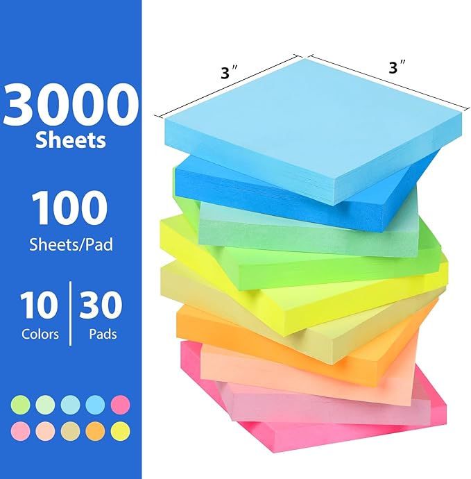 Sticky Notes,30 Pads,3x3 Inches, Colorful Self-Stick Notes Pads, Office Supplies,Perfect for Office, Study, and Daily Life Organization,100 Sheets/pad