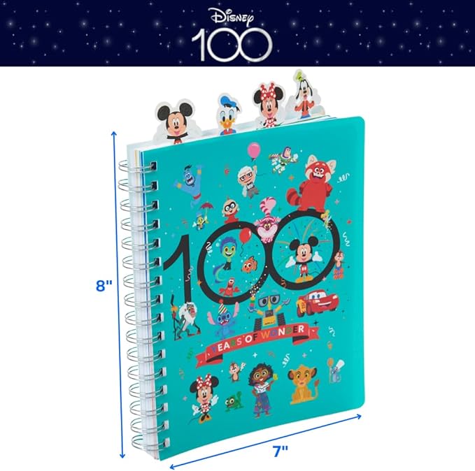 Innovative Designs Disney 100 Anniversary Tab Journal Notebook, Spiral Bound, 96 Lined Pages, 8 x 7 inches, Turquoise