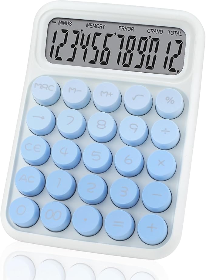 Mechanical Switch Calculator with Big Buttons, 12 Digits, Large LCD Display, Cute Pink Desktop Calculator, Aesthetic School Supplies for Office, School, Home & Business Use, Automatic Sleep (Blue)