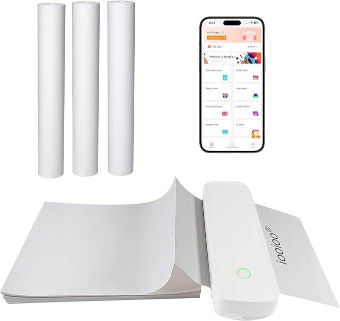 IOOIOO A80 Portable Printer no Ink Inkless Bluetooth Wireless Compact Small for 8.5x11 Letter Size Thermal Paper(impresora portátil),for iPhone Android Mobile Phone Laptop PC,Home Office Travel-White