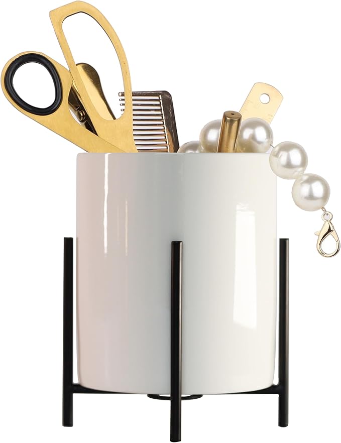 Black Pencil Cup Sturdy Metal Frame with White Ceramic Pen Holder For Desks and Kitchen Appliance holders