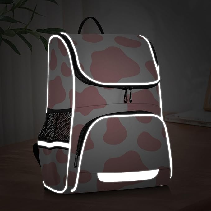 Cow Print Backpack with Reflective Strip for Kids Boys Girls Elementary School Bag Removable Chest Strap