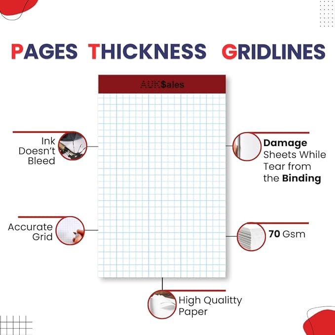 Grid Paper Pad 5x8 Inches – Graph Paper Pad 4x4, Grid Notepad, 24 Pack, 5x8 Graph Paper 1/4 Grid, Graphing Paper, Engineering Pad – 100 Sheets 200 Pages Perforated Pad for School, Home, & Office