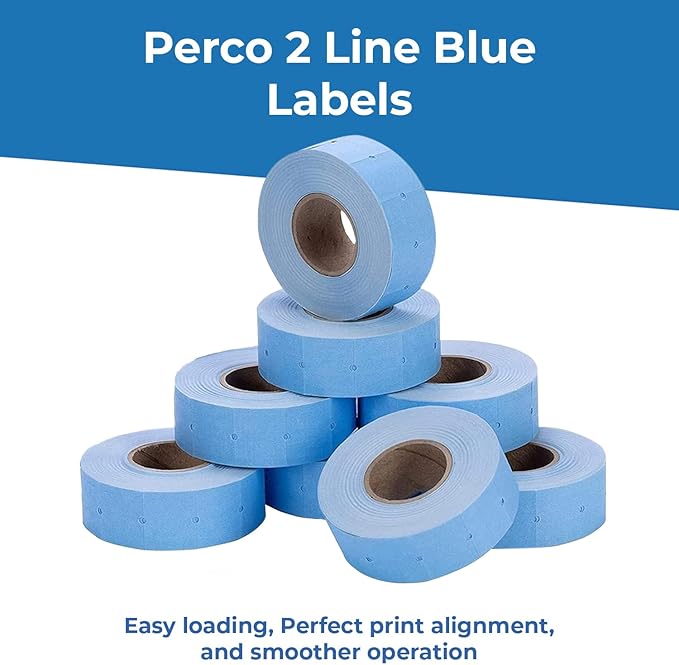 Perco 2 Line Blue Labels - 32 Rolls, 4 Sleeves, 24,000 Blank Price and Date Gun Labels for Perco 2 Line Price and Date Guns - Made in USA