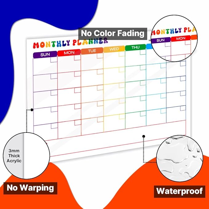 GEEKBEAR Dry Erase Refrigerator Calendar with 3 Markers - Attachable to Any Fridge with Special Suction Cups - Monthly and Weekly Designs, Acrylic - 15.7" x 10.6" (05. Black, Monthly)