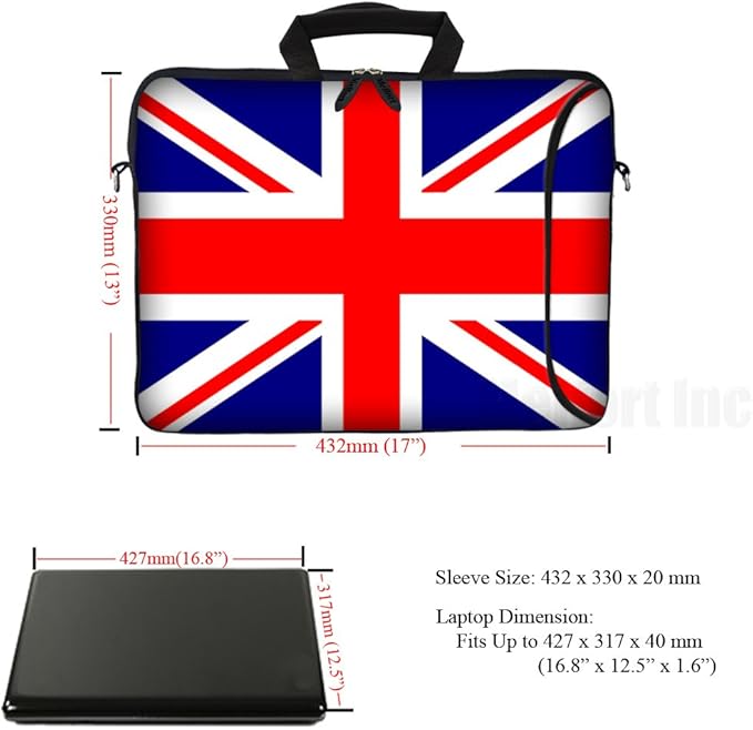 Meffort Inc 17 Inch Neoprene Laptop Bag with Extra Side Pocket, Soft Carrying Handle & Removable Shoulder Strap Fit 16" to 17.3" Size - UK Flag