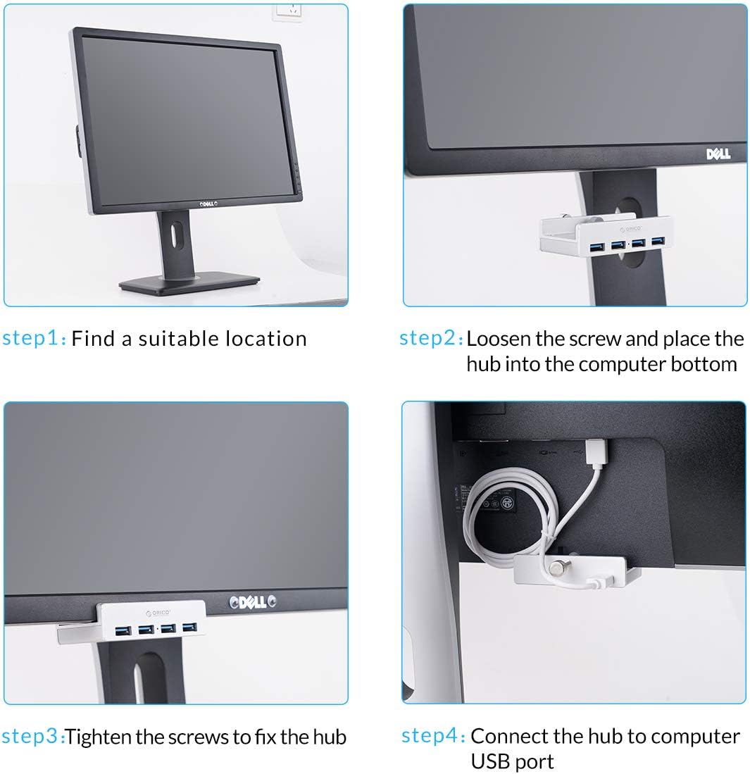 ORICO USB 3.0 Hub Clamp Adapter, Aluminum 4-Port USB Splitter with Extra Power Supply Port and 4.92 FT USB Data Cable, Ultra-Portable USB Expander for 2021 iMac/Laptop/PC