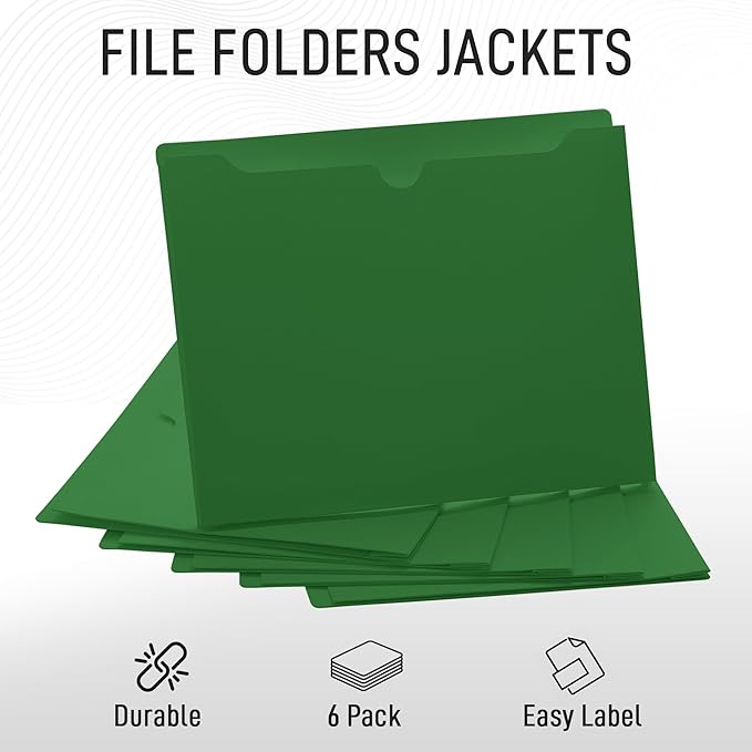 Green File Jackets, 2 Inch Expansion, Letter Size, Reinforced Straight-Cut Tab, 6 Pack