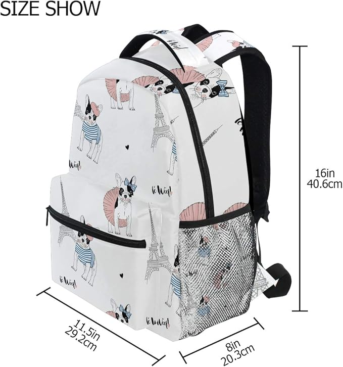 French Bulldog Paris Backpack School Bag Travel Daypack Rucksack for Students Boys Girls, Laptop Backpack