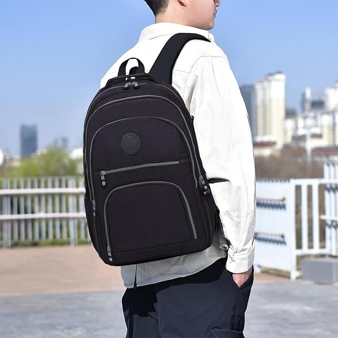 Casual Lightweight Travel Laptop Backpacks Water Resistant Large Nylon Backpack for Men Women Hiking Camping Cycling Packback Daypack, Fits 15.6 Inch Laptop and Notebook - Black
