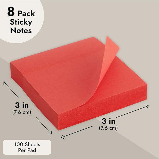 Juvale 8 Pack Bright Red Sticky Notes 3x3 Inch Self-Stick Note Pads for Home, Office Supplies (100 Sheets Per Pad)