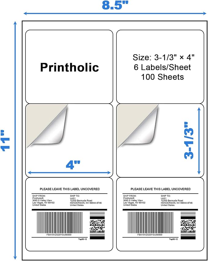600 6 Per Sheet Label Address Labels 3-1/3" x 4" Self Adhesive Sheets Shipping Labels Easy Peel & Feed White Stickers for Laser & Inkjet Printers (100 Sheets, 600 Labels)