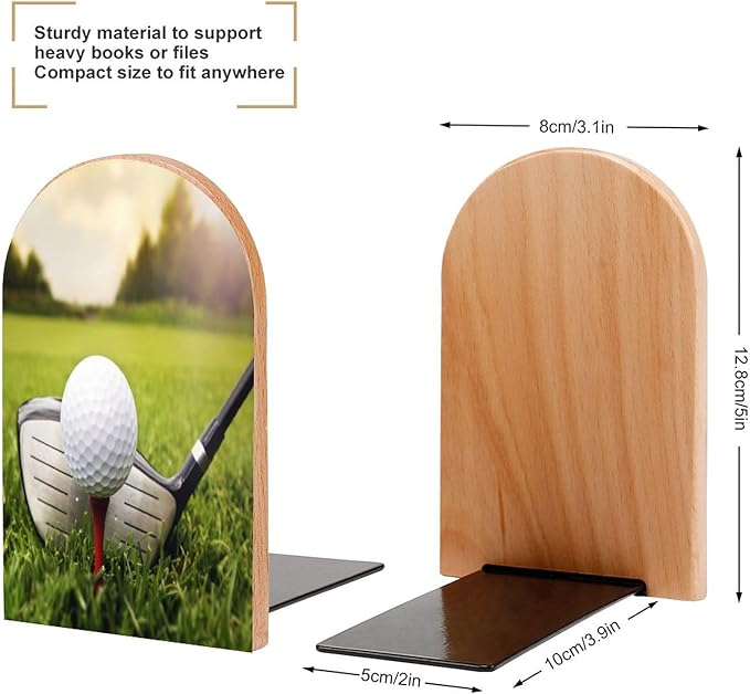 2 Pack Wood Bookends, Sport Golf in Grass Non-Skid Book Ends for Heave Books, Decorative Bookends for Shelves Desk, Book Stoppers Book Holders for Home Office Library School