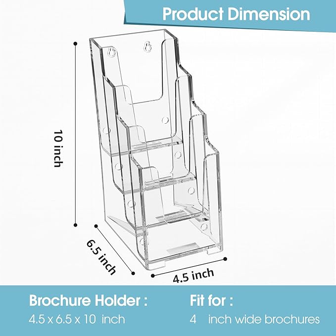 MaxGear Acrylic Brochure Holder, 4-Inch Wide 4 Tier Clear Literature Holder Premium Acrylic Pamphlet Holder Multi Pocket Brochure Display Stand, Wall Mount or Counter Top Use(2 Pack)