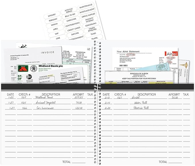 Pale Peony Bill Paying Organizer Book - Large 9" by 12 inch, Spiral-Bound, 14 Pocket Pages, 32 Label Stickers, Bill Tracking Receipt Storage
