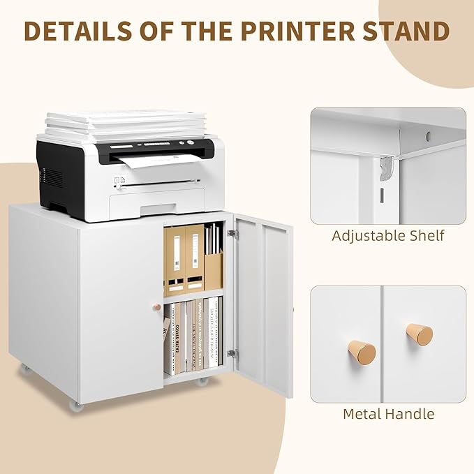 Metal Printer Stand, Large Printer Table with Wheels, Heavy Duty Printer Cabinet Stand, Mobile Fax Machine Stand with Storage, Modern Printer Stands for Home Office, Copier, Computer