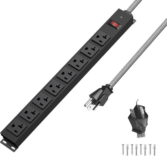 20 Amp Power Strip Heavy Duty, 12 Gauge Extension Cord for Appliance Workbench Garage Industrial, Metal 8 Outlets Combine with T-Plug Adapter 5-20R T-Slot, 1200J Surge Protector