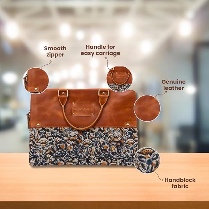 Handcrafted Laptop Bag/Sleeve/Case for Women | Made From Leather With Handblock Fabric - Ideal For 13 Inch Devices