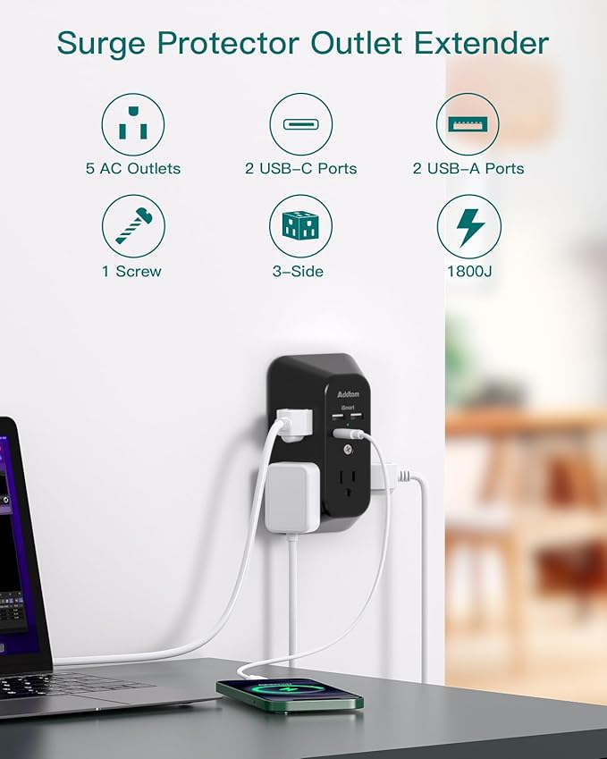 Outlet Extender Surge Protector - Addtam 5-Outlet Splitter with 4 USB Wall Charger(PD 30W), Multi Plug Wall Outlet Power Strip for Home, Black