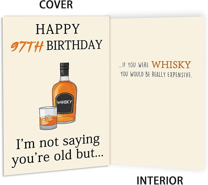 Funny 97th Birthday Card, Best 97th Birthday Gifts for Women Men, Happy 97th Birthday Decorations for Dad Mom Grandpa Grandma, Whiskey 97 Year Old Bday Decor Card