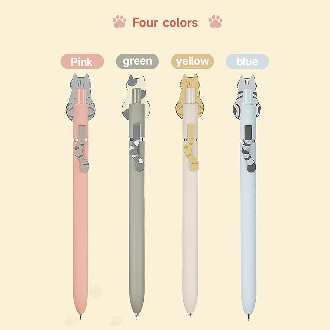 UIXJODO Cat Pens, 4 Pcs 0.5mm Cute Kawaii Pens Black Ink Pens Fine Point Smooth Writing Pens, High-End Series Cat's Tail Retractable Pens for Journaling Note Taking (4 Pcs Cat)