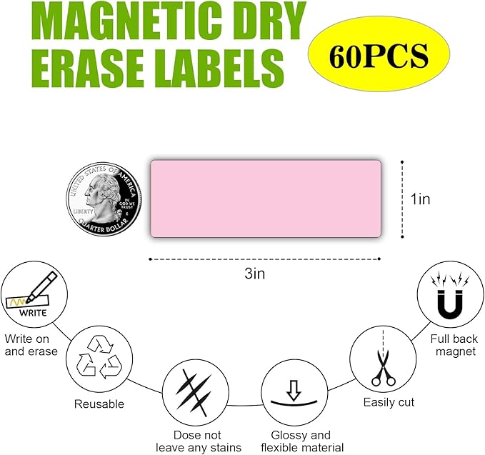 Magnetic Dry Erase Magnets Labels(1x3",Pack of 60),Organizing Schedules in Office/Classroom.Reusable Name Tags on Fridge/White Board,Pastel Colors(Light Pink)