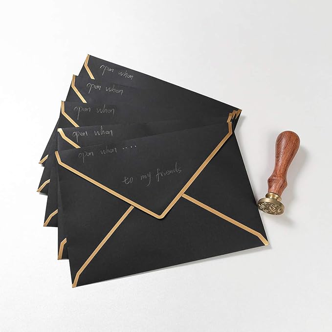 50 Pack A4 Envelopes Black 4x6 Self-Adhesive V Flap Envelopes with Gold Border for Office, Wedding Gift Cards, Invitations, Graduation, Baby Shower, Parties (4.25x6.25 inches)