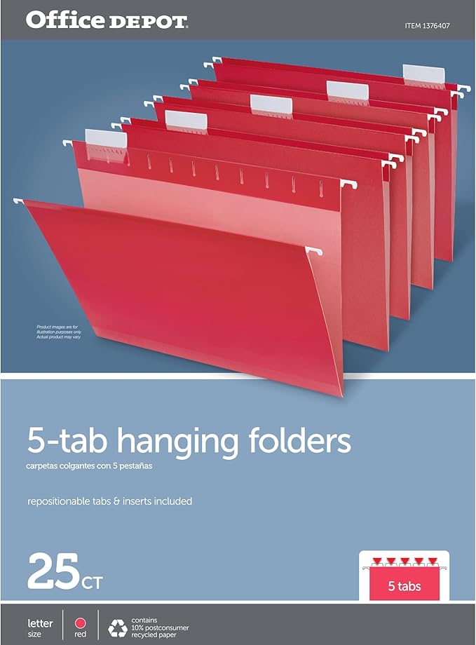 Pendaflex Recycled Hanging Folders, Letter Size, Red, 1/5 Cut, 25/BX (81608)