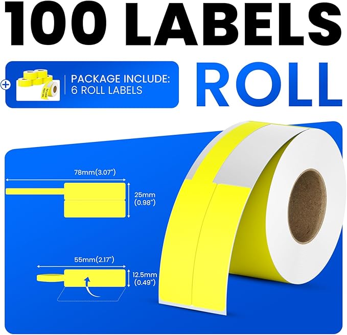 Clabel Printable Cable Labels 6 Rolls of Thermal Self-Adhesive Paper Labels Tape, 25x78mm (1"x3") 100 Sheets Per Roll, Black Print on Yellow Sticker Tags Durable for Cables Management