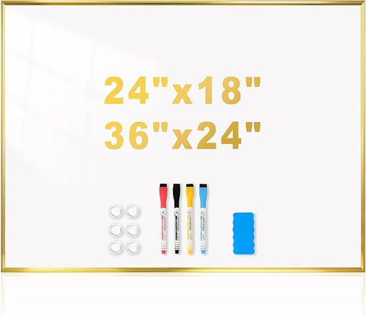 Magnetic Whiteboard, 24"x18" Gold Aluminum Frame Dry Erase White Board for Wall, Hanging Wipe Board with 6 Magnets, 4 Markers & 1 Eraser for Home and Office
