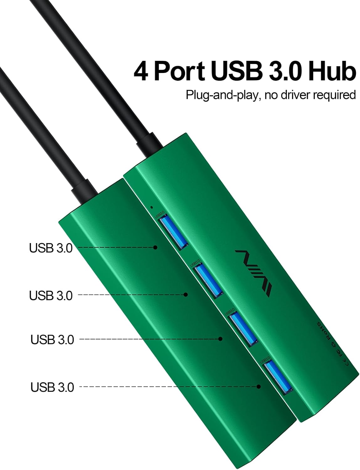 USB 3.0 Hub,4 Port USB Splitter Extender Portable Adapter Multiport Data Hub for Laptop,Xbox, Flash Drive,HDD,Console,Camera,Keyborad,Mouse Windows,Mac OS PC,Not Designed to Charge Devices-Green