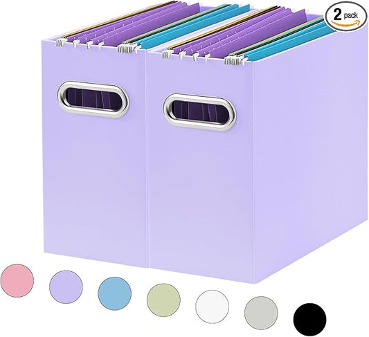 Oterri File Organizer, Small Storage Box, Cardboard File Folder Organizer, Collapsible File Box, Hanging File Organizer for Letter Size, Portable File Box with Handle, Only Box (Purple, 2 Packs)
