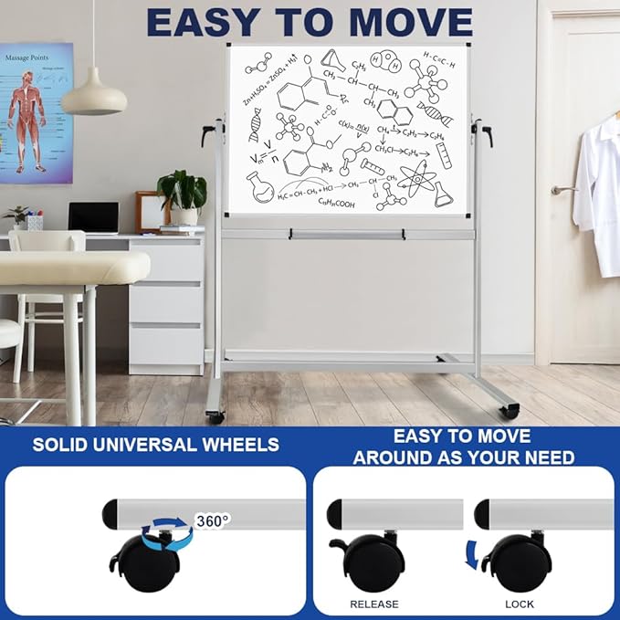 XBoard Rolling Whiteboard 48x36 inch | Magnetic Dry Erase Board on Wheels, Large Portable Easel with Stand and Aluminium Frame for Home School Office Live Streaming