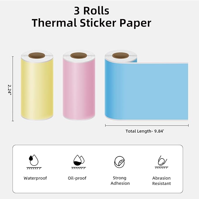 Yellow/Pink/Blue Self-Adhesive Thermal Paper, Printable Sticker Paper for ORGSTA S002 Portable Sticker Printer, 57mm x 3m Mini Printer Paper Suitable for Journal, Photo, Study Notes - 3 Rolls
