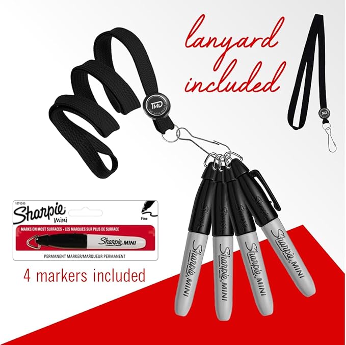 Mini Sharpies for Nurses Badge, 4 Mini Sharpies, Mini Markers, Mini Permanent Markers with Lanyard, Black Sharpies
