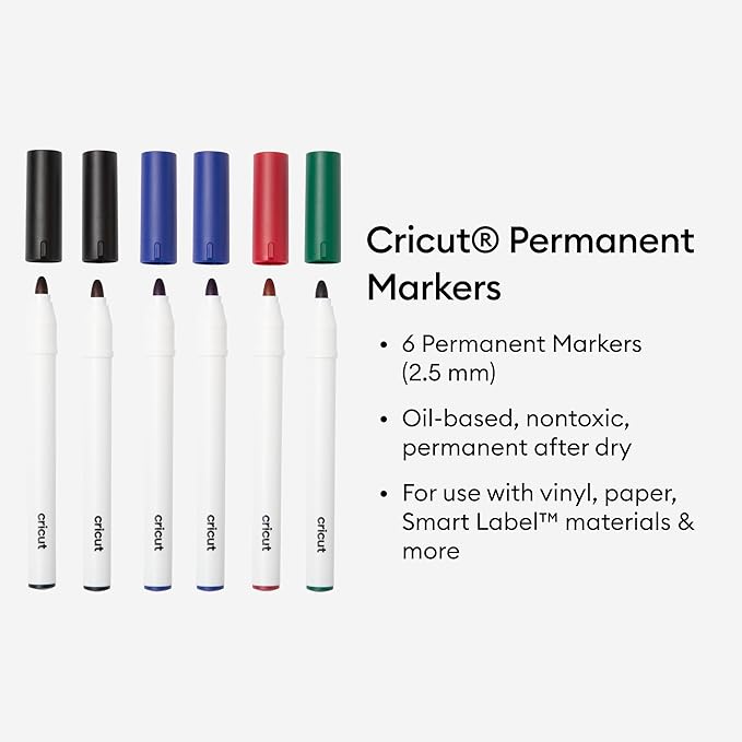 Cricut Permanent Markers 2.5 mm, Black/Blue/Red/Green (6 ct) - Compatible with Cricut Venture
