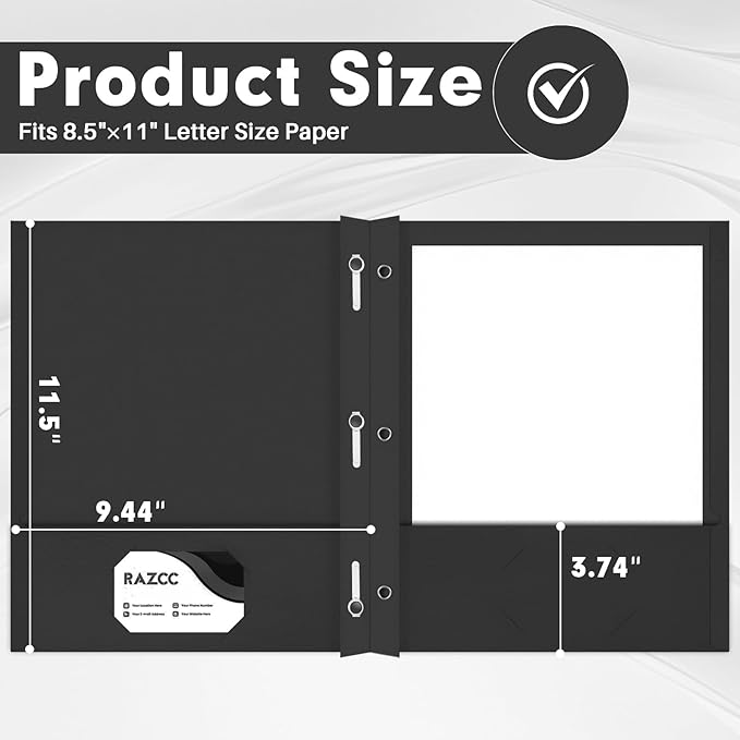 Two Pocket Folders, RAZCC 75 Pack Two Pocket Folders with Prongs, 3 Prong Folders Fit Letter Size Paper, Pocket File Folders for School Office Home Business, Black
