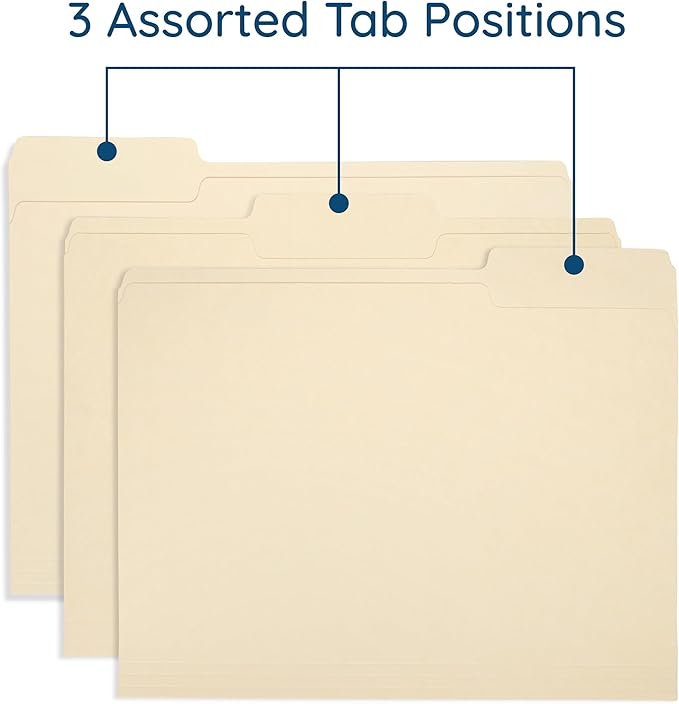 200 Blue Summit Supplies Manilla Folders - Letter Size File Folders with 1/3 Cut Top Tabs, Assorted Positions, Durable 11pt Manila Paper for Office Organization