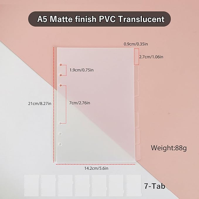 DY.2ten Clear Binder Dividers for 6-Holes Ring Binder, 1/7 Cut Tabs, A5 Size, Sturdy Plastic Dividers with 7 Tabs for School Office Home, 2 Sets, 14 Dividers, 2 Tab Stickers.