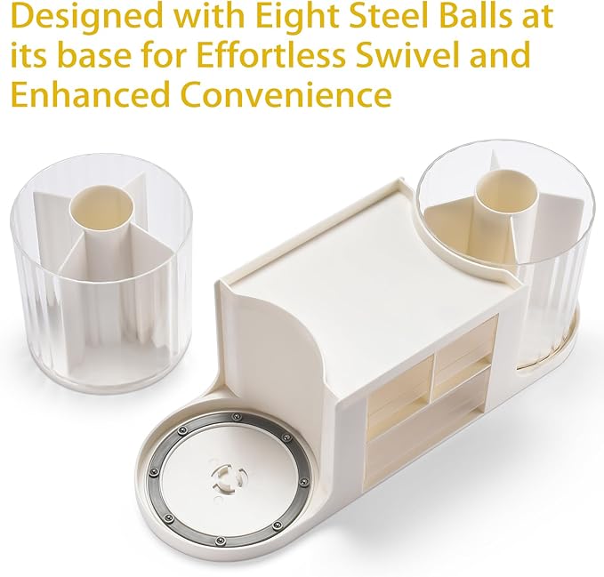 Rotating Desk Organizer with 2 Pen Holder, Desk Organizers and Accessories with 10 Slots Pencil Holder for Desk + 3 Drawer, Art Supply Storage Box Caddy for Office School Home (White)