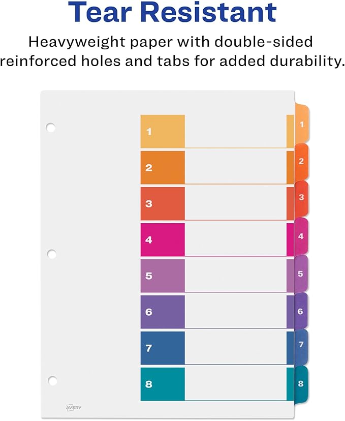Avery 8 Tab Dividers for 3 Ring Binders, Customizable Table of Contents, Multicolor Tabs, 3 Sets (11071)
