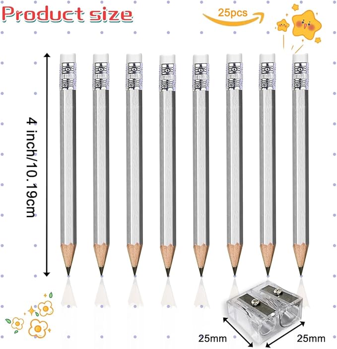 Adhere 25pcs Golf Pencils with eraser Hexagon Wooden Pencils Graphite 2B for Golf Event Scoring,Classroom,Wedding,Company Meetings,Pew, Pocket (Silver)