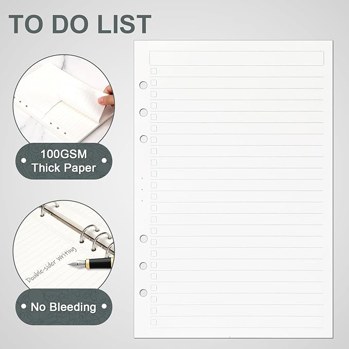 Toplive A5 Filler Paper To Do List, 6 Ring Planner Binder Inserts Paper Daily Checklist, A5 Loose Leaf Refill Paper 160 Sheets for A5 Notebook Budget Binder