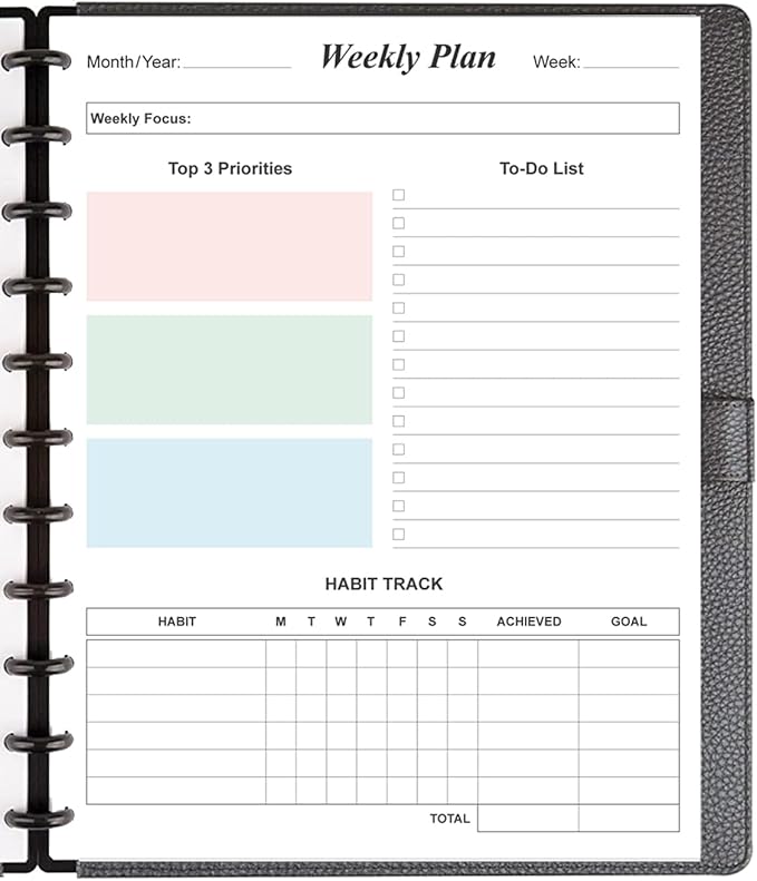 Weekly Planner Undated Refills - Letter Size 53 Sheets/106 Pages Colorful Weekly Planner for 11-Disc Discbound, TUL, 100 gsm White Paper, 8.5" x 11"